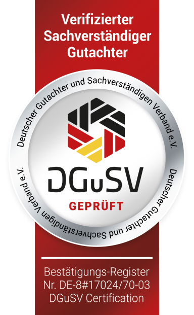 Zertifikat mit dem DG uSV-Logo für geprüfte Sachverständige und Gutachter.